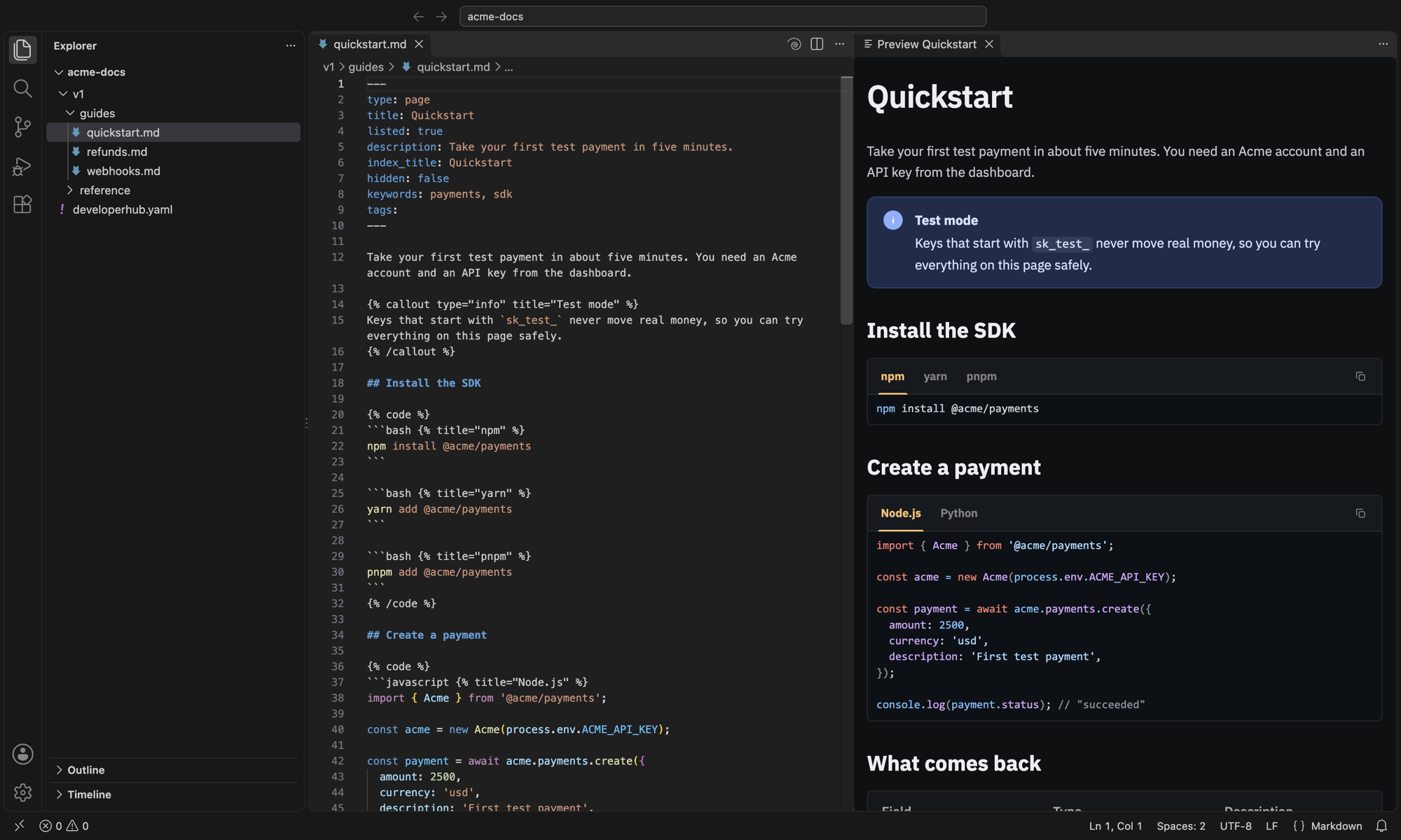 A DeveloperHub page in VS Code, with the preview beside it